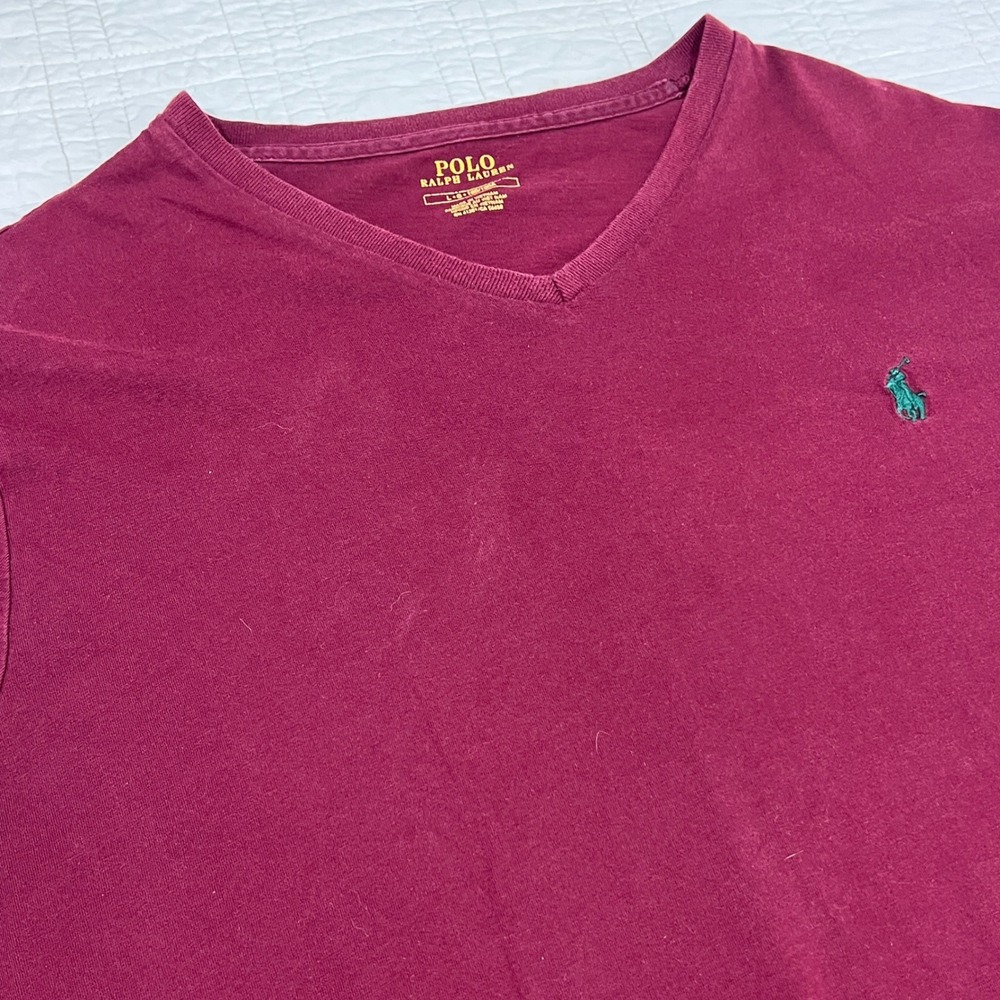 Polo Ralph Lauren Mens V-Neck‎ T-Shirt Burgundy Maroon Cotton Sz Large Pony Logo